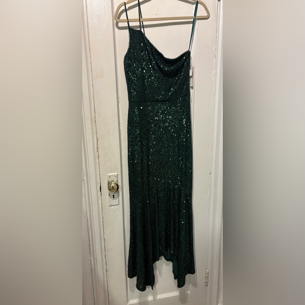 Aqua Bloomingdale's One Shoulder Dark Green Sequin Dress
